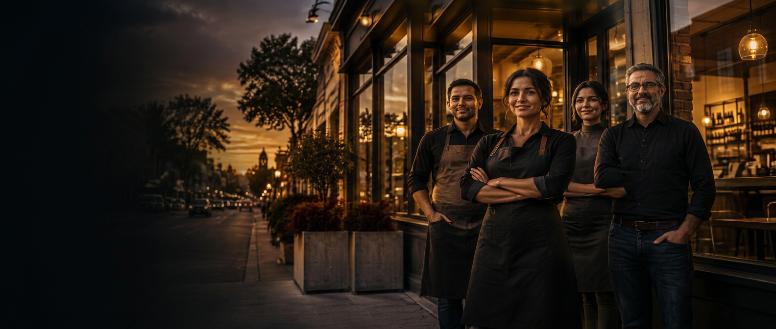 Established local business owners outside their storefront